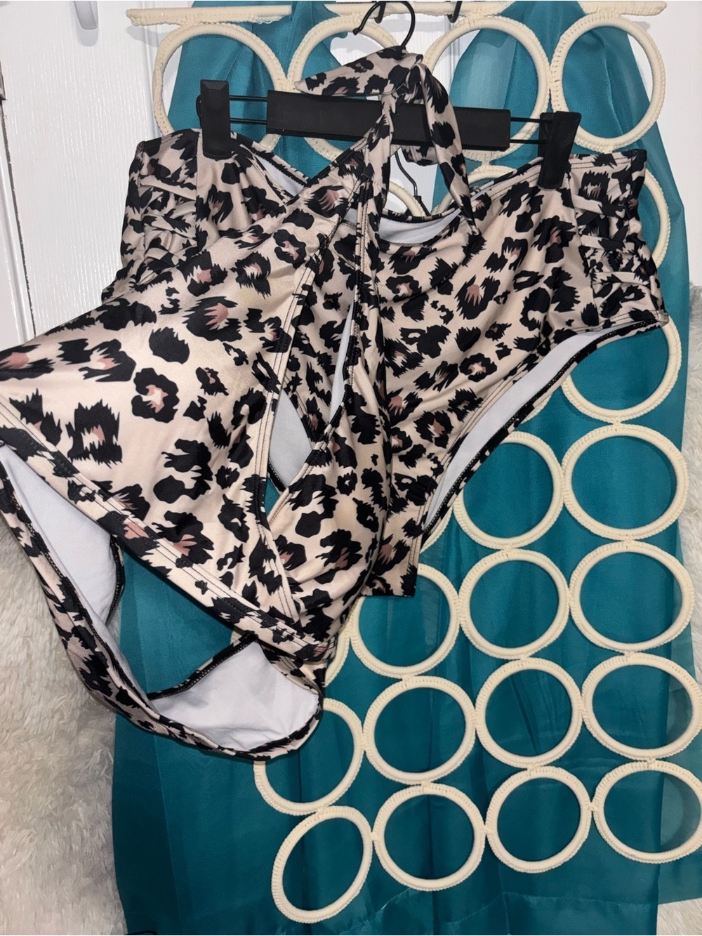 Leopard Print Halter Bikini Set in Beige and Black